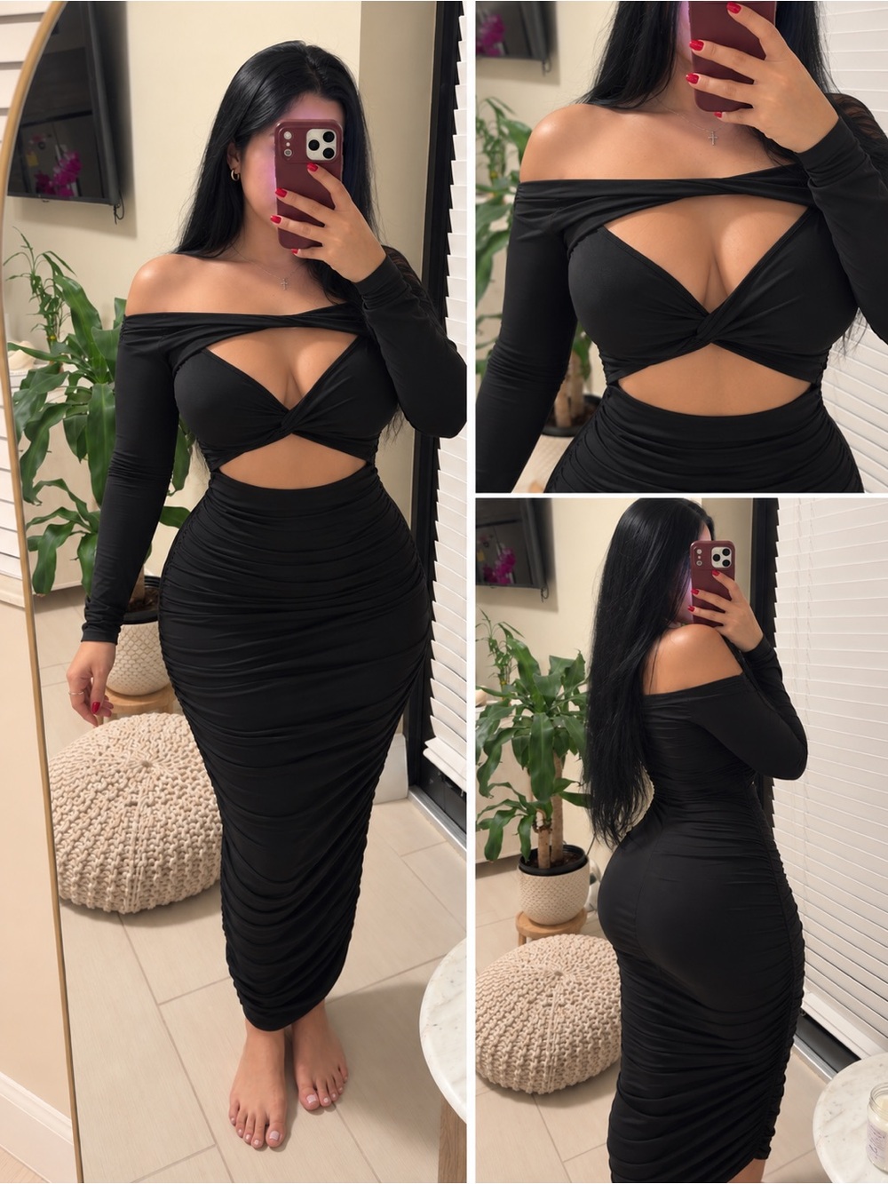 Black Off-Shoulder Ruched Midi Dress